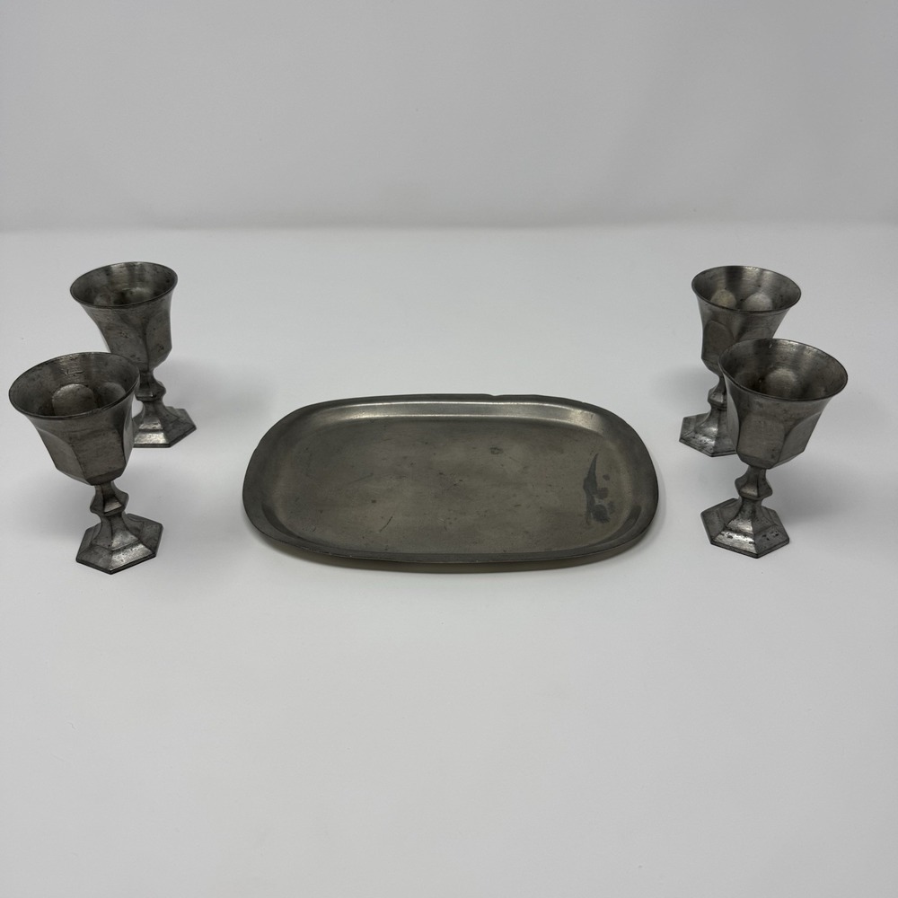 Lot of 4 Leonard Hand Cast Pewter Cups & 1 International Pewter Plate‎ Vintage